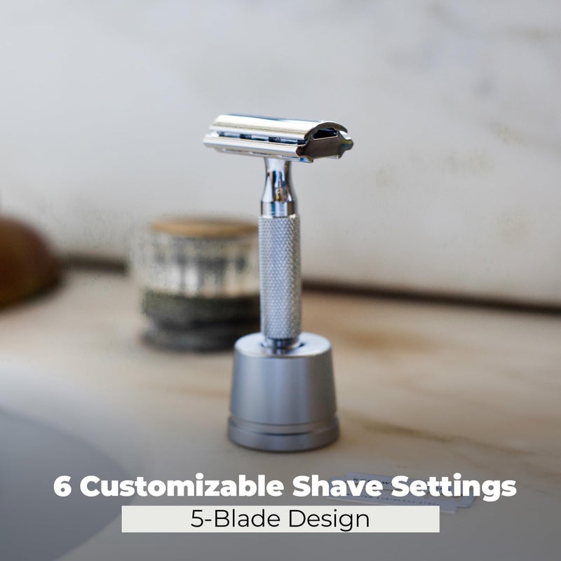 ROCKWELL RAZORS 2C White Chrome Double Edge Safety Razor With Adjustable Shave Settings and 5 Fully Recyclable Razor Blades. Reusable Safety Razors for Men and Women. - Image 4